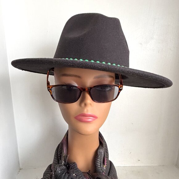 Vegan Brimmed Panama Fedora Black Green Silver Beads Wide Brim Unisex Hat New L main image 6